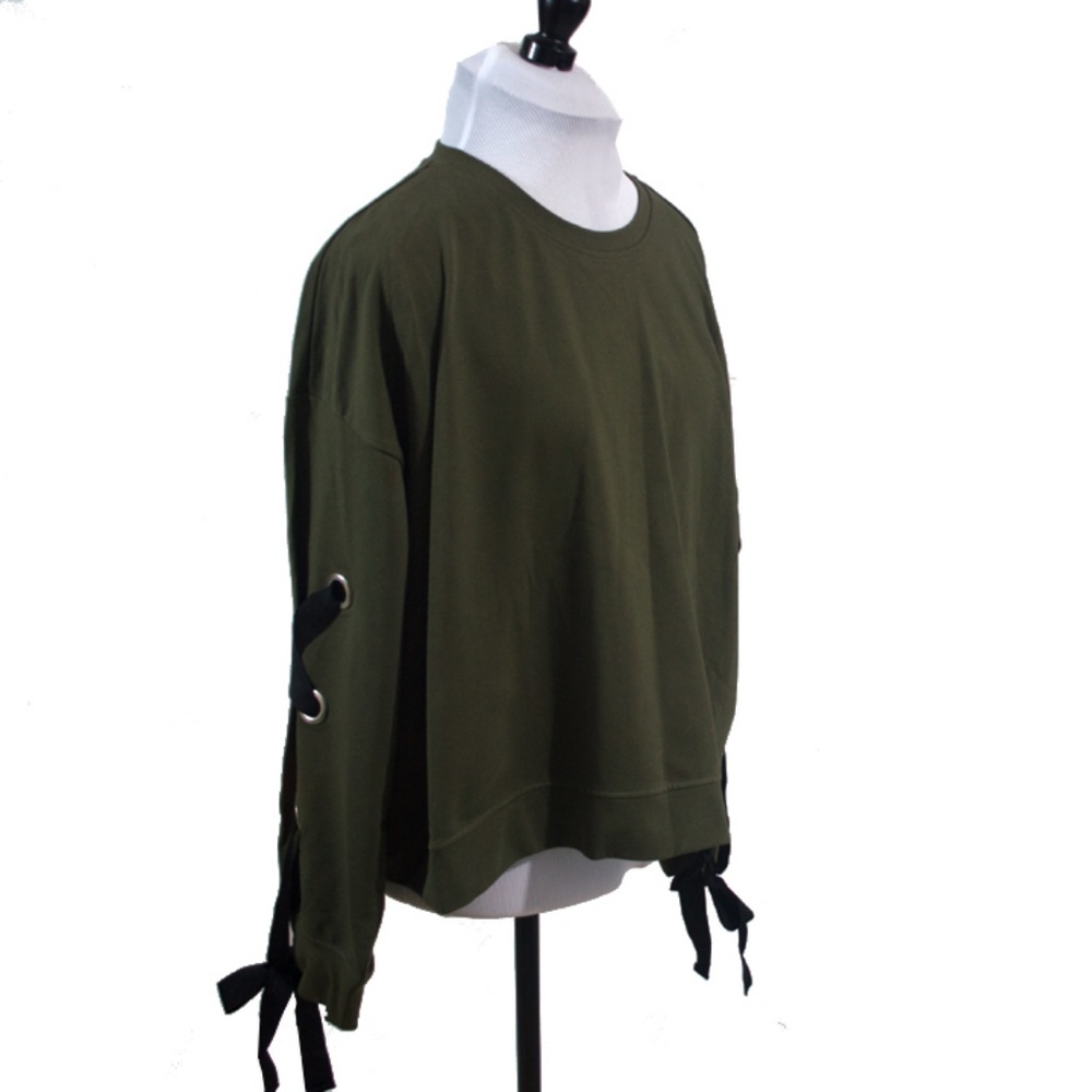 French Terry Lace-Up Green Long Sleeve Sweater - Picture 3 of 9